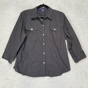 Chaps Shirts Womens XL Black Polka Dot 100% Cotton 3/4 Sleeve Button Up